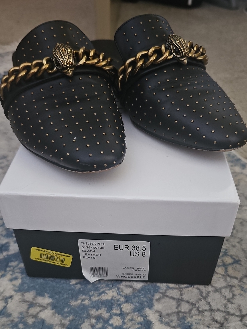 Kurt Geiger Black Studded Leather Slip-On Mules with Gold Chain